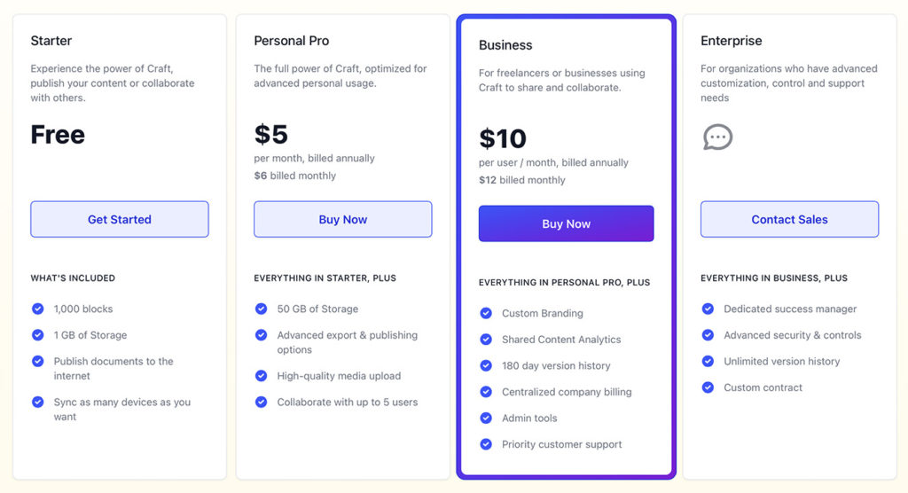 Craft.do Plan and pricing table
