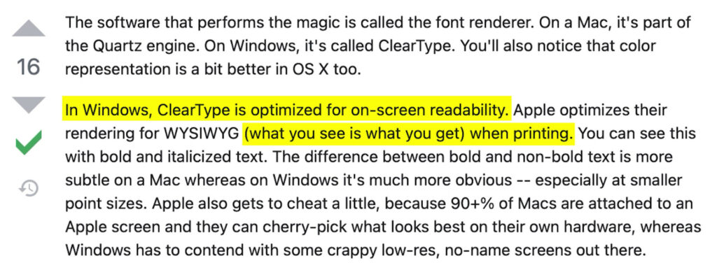Stack overflow explanation why fonts on Mac look better than on Windows