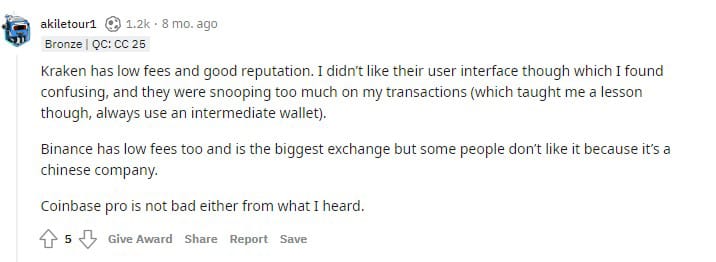 Comment about Kraken crypto platform on Reddit