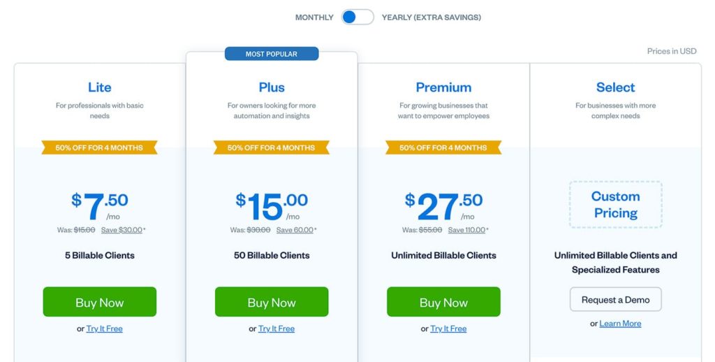 FreshBooks pricing table