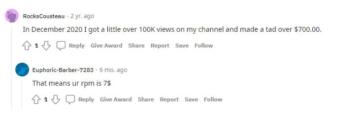 Comment on Reddit about YouTube revenue 1