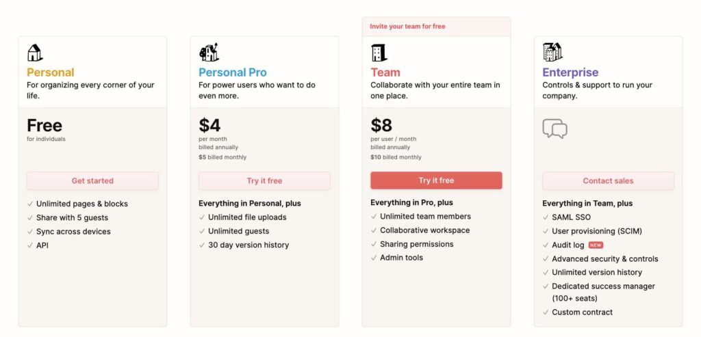 Notion pricing table