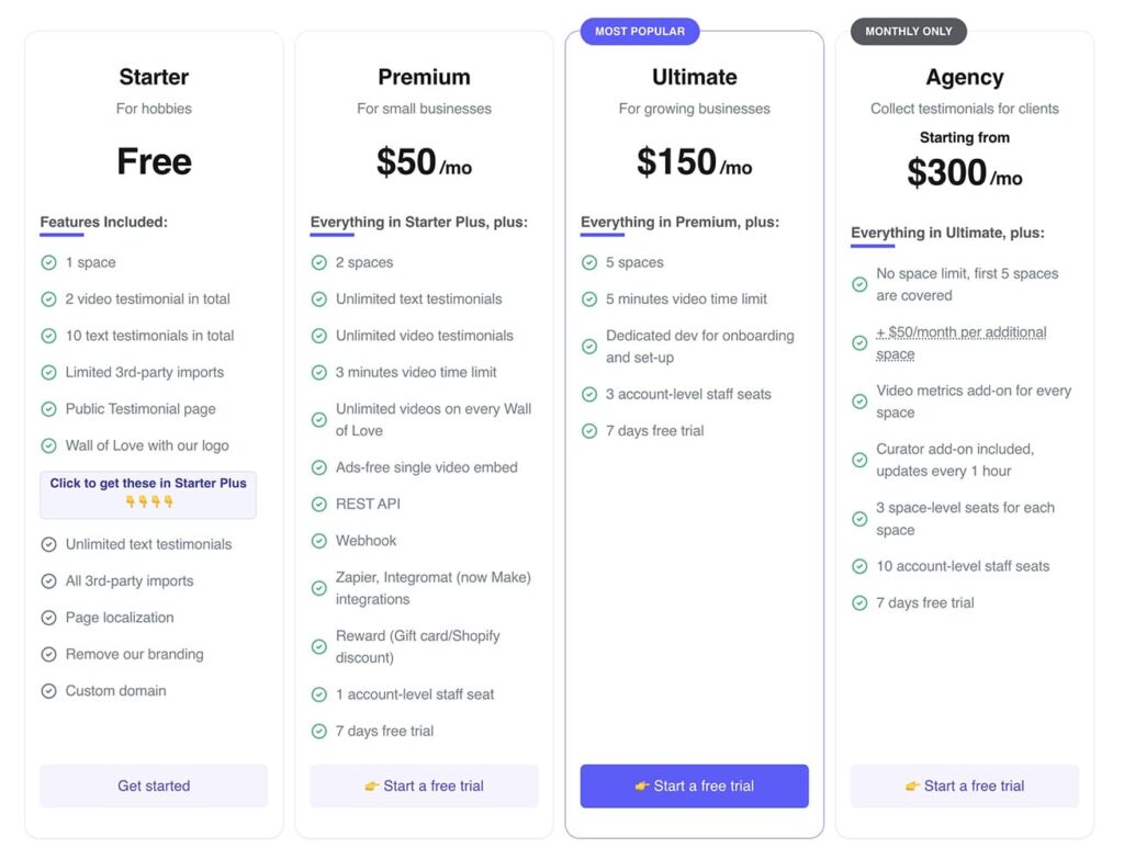 Testimonial.to pricing table