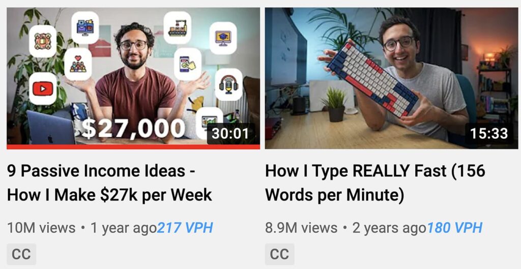Ali Abdaal most viewed video thumbnails