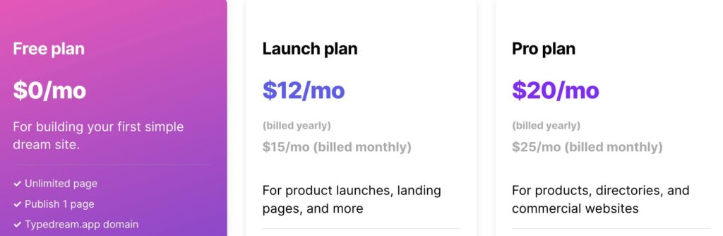 Typedream.com pricing table