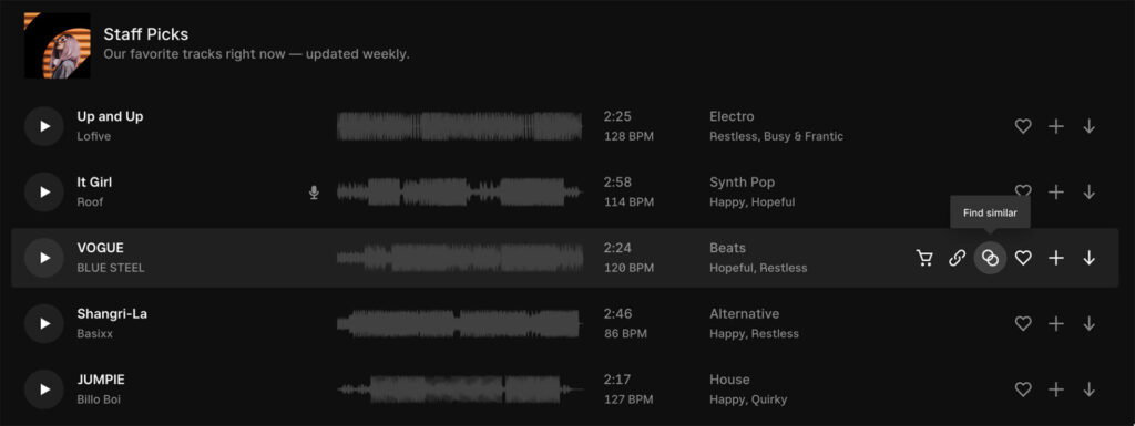 Epidemic Sound finding similar songs