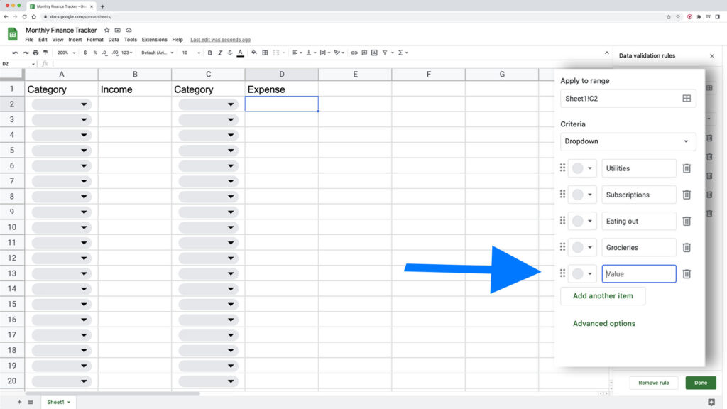 Adding expense categories in Google Sheets