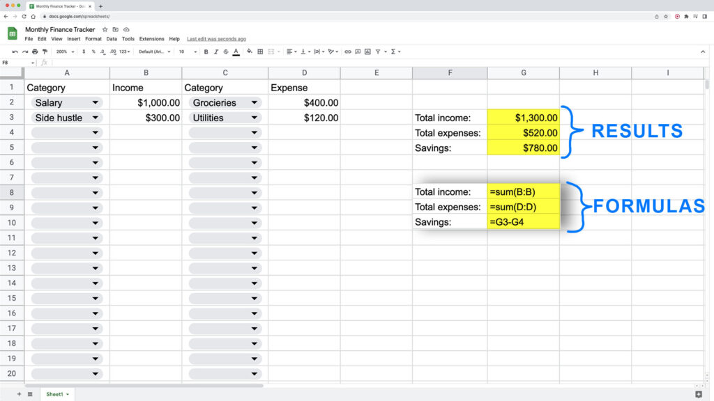 How to calculate income and expenses in Google Sheets using formulas