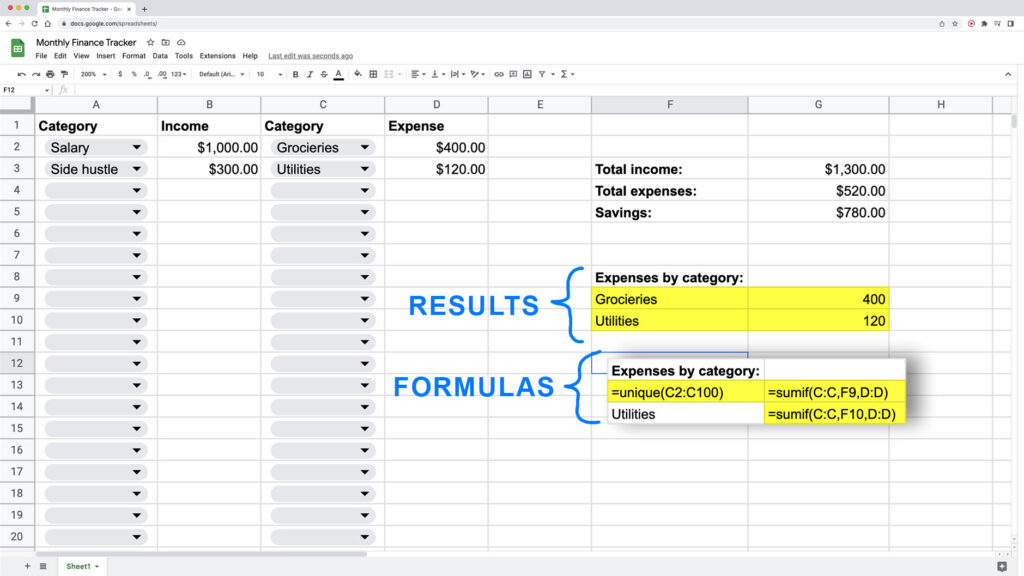 How to calculate total expenses by category in Google Sheets