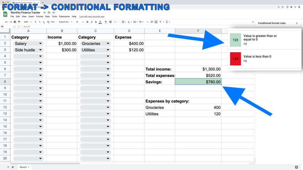 How to apply conditional formatting in Google Sheets