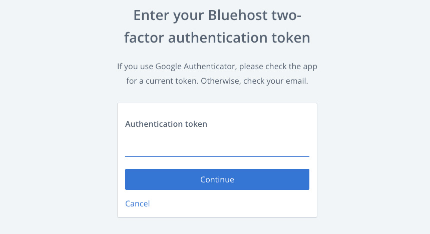 Bluehost 2 factor authentication screen