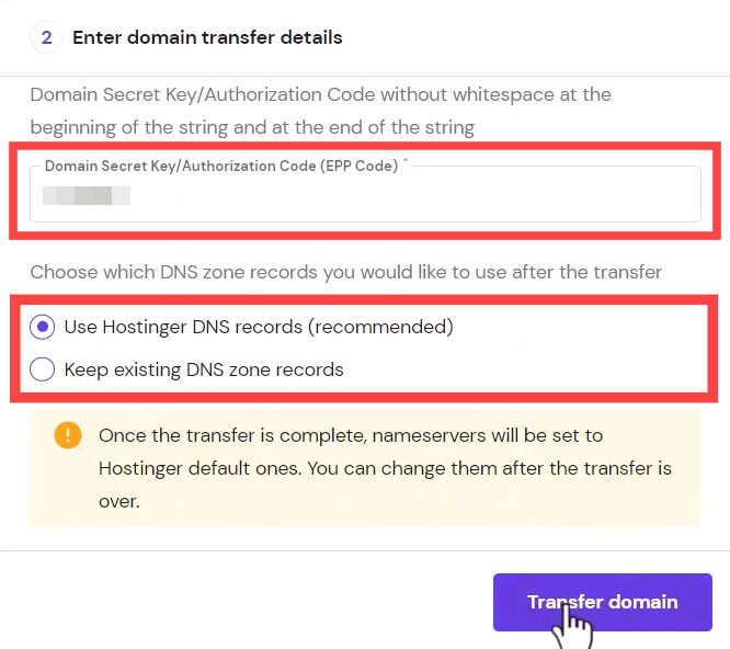 Entering EPP code and choosing Hostinger nameservers