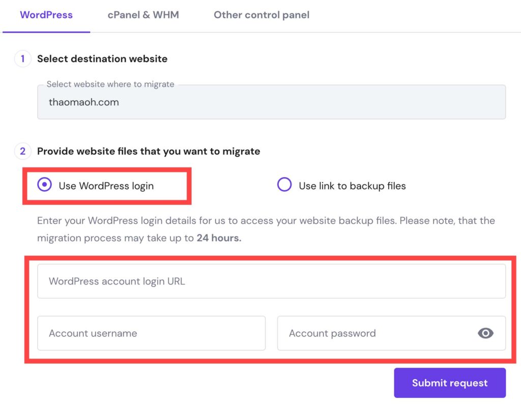 Entering WordPress login details into Hostinger website migration request