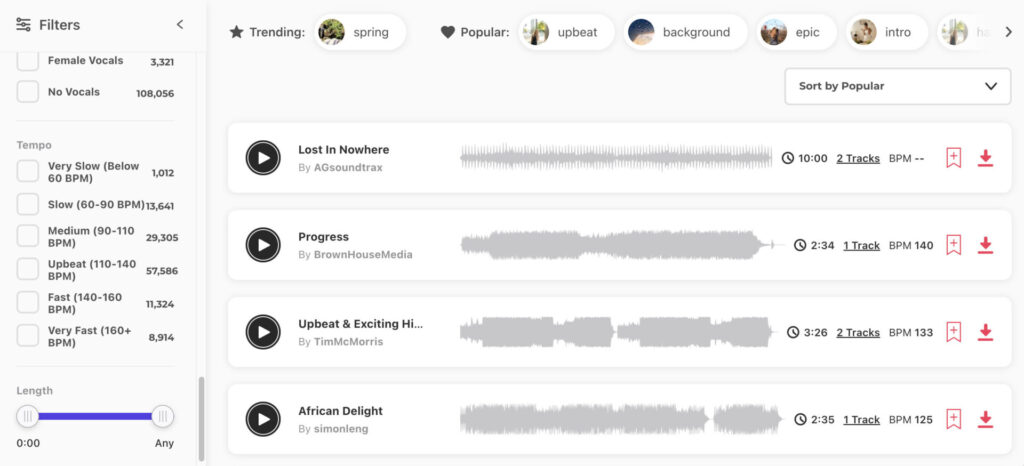 Envato Elements Music Filtering options