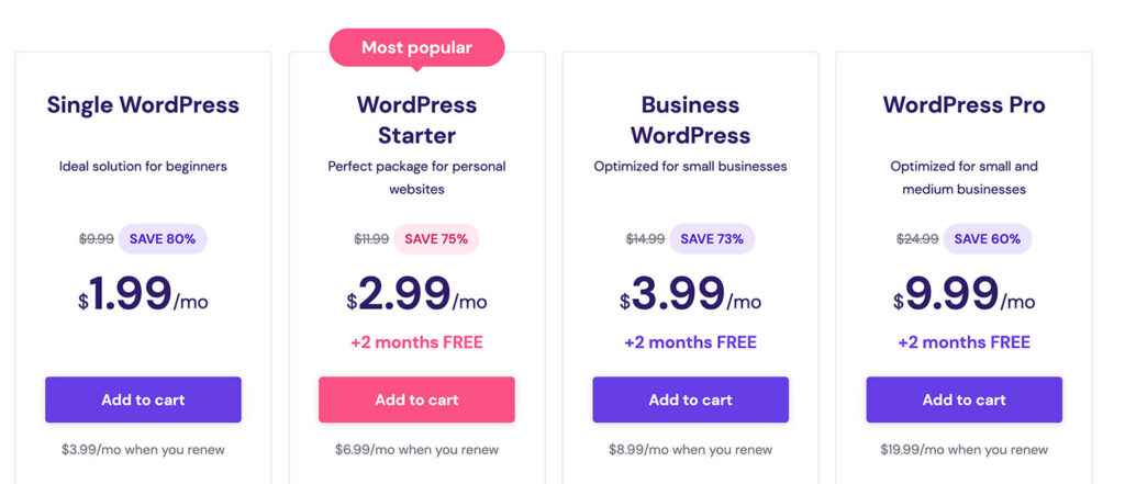 Hostinger WordPress hosting plan pricing