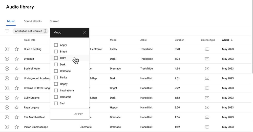 Filtering music tracks in YouTube Audio library