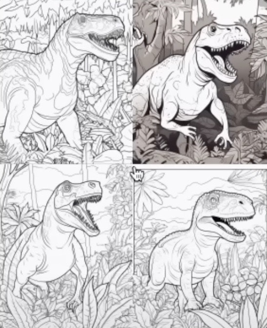 Children's dinosaur colouring pages generated by Midjourney AI
