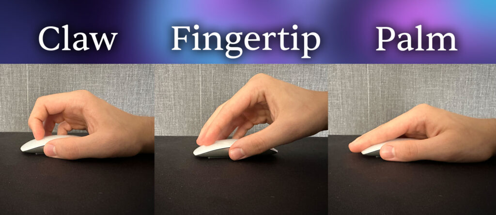 Difference between Caw, Fingertip, and Palm Mouse Grips