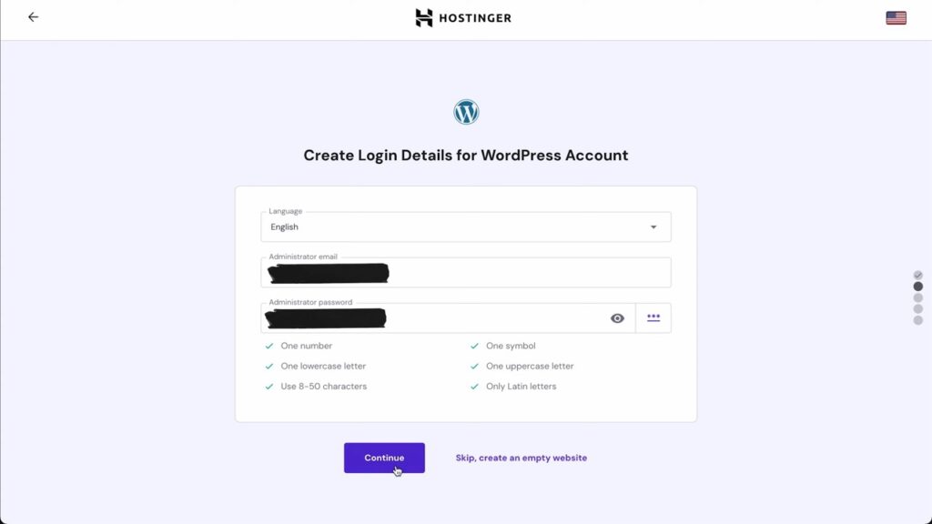 Creating a WordPress login account through Hostinger